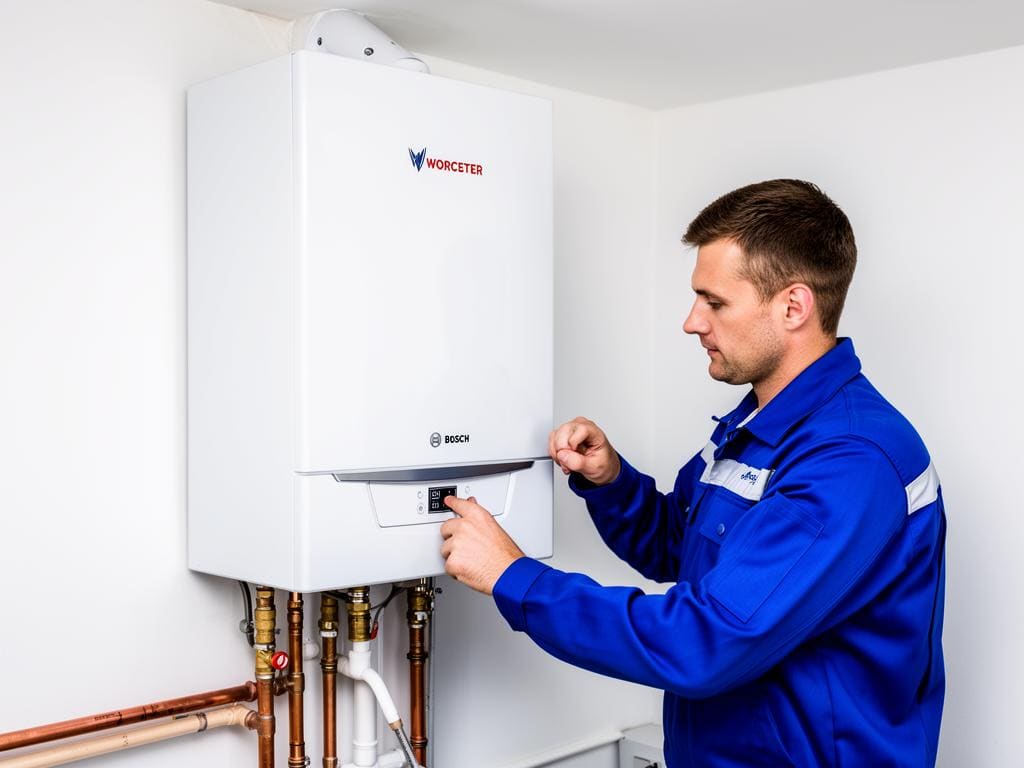 Engineer setting up the controls on a newly fitted wall-mounted gas boiler