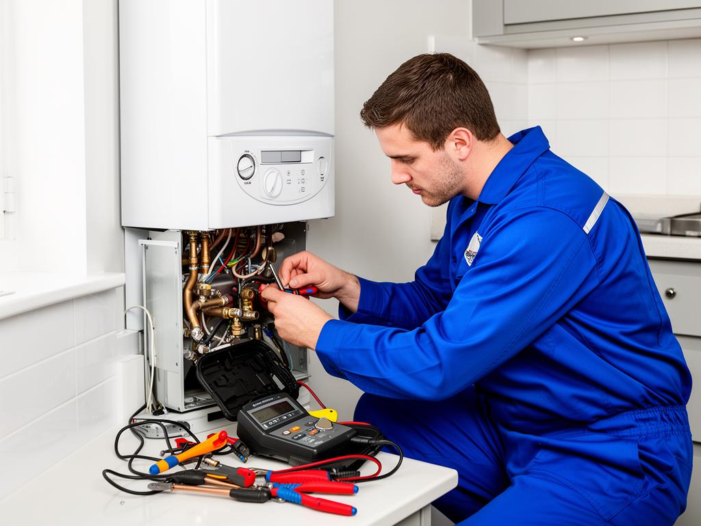 Engineer testing a gas boiler's internal wiring with a multimeter, front panel removed