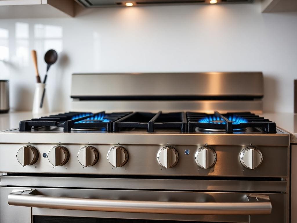 Stainless steel gas range cooker with blue flames on the hob