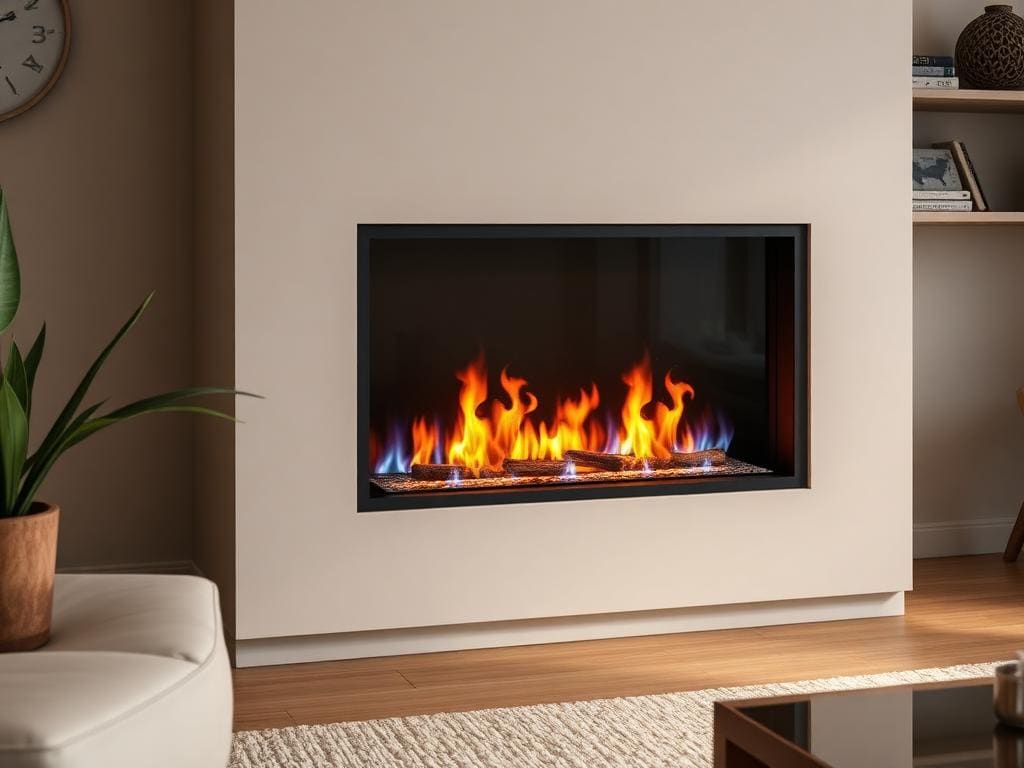 Hole-in-the-wall inset gas fire with a log-effect fuel bed in a living room