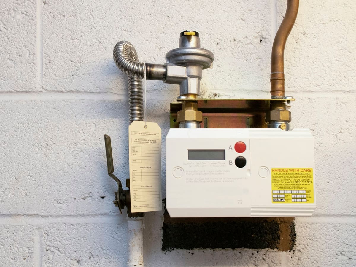 Domestic gas meter beside its emergency control valve, labelled with the 0800 111 999 gas emergency number