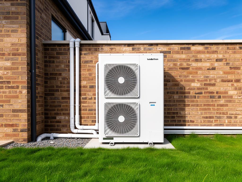 Air source heat pump outdoor unit on a concrete base beside a brick house