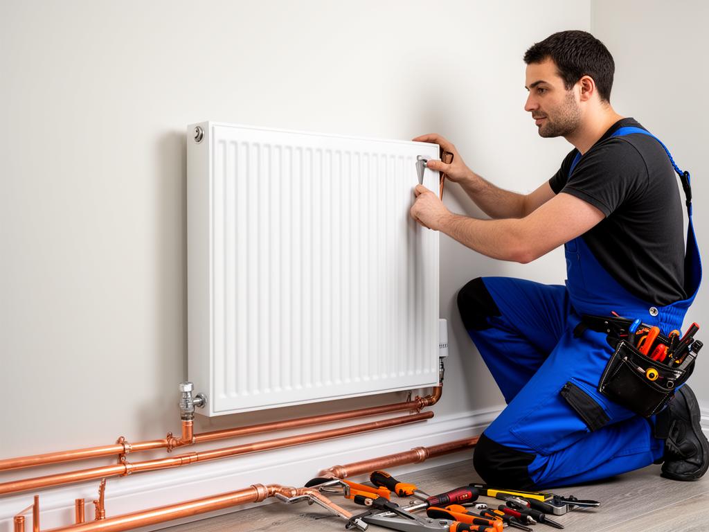 Plumber fitting a radiator valve on new copper heating pipework